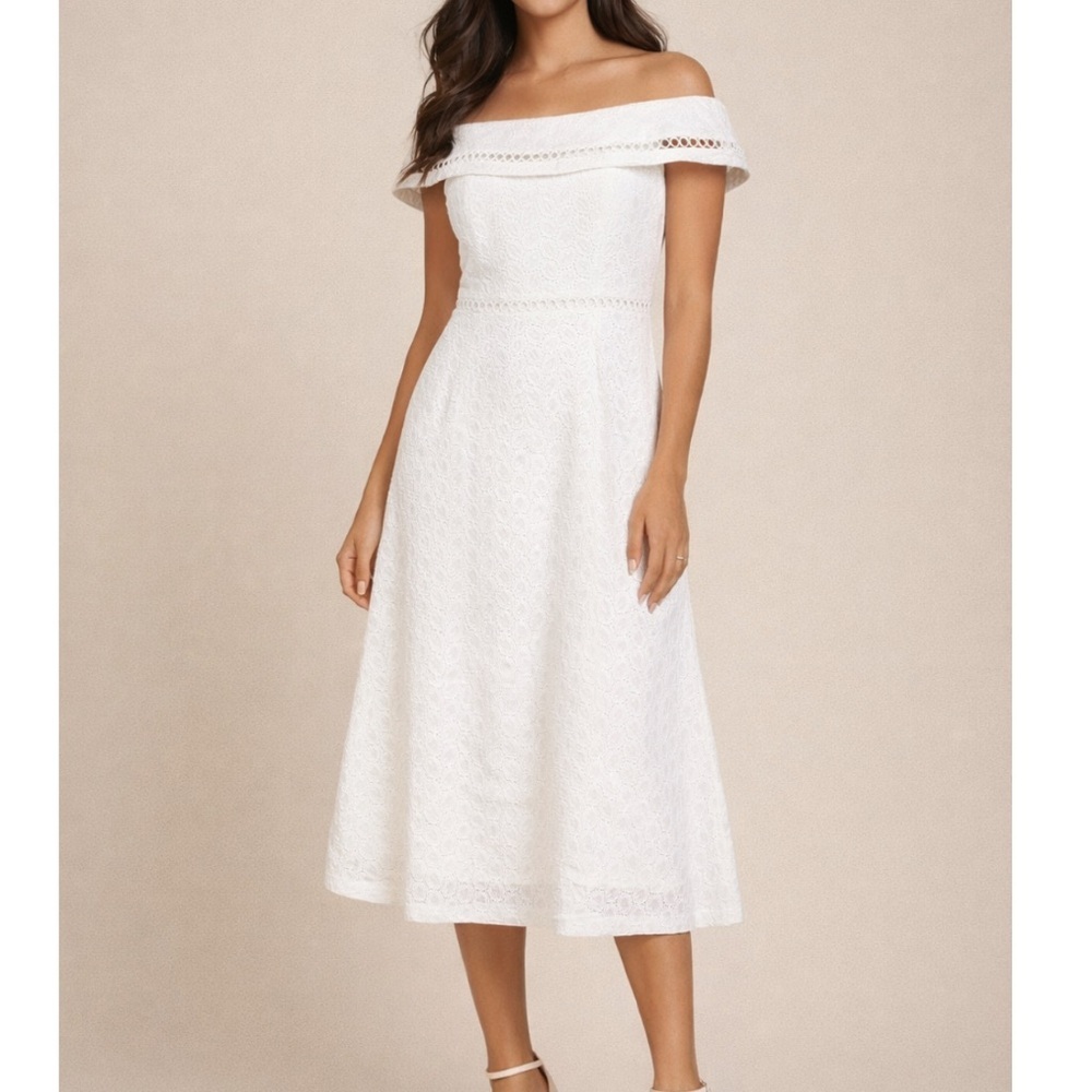 Calvin Klein Off-Shoulder White Lace Eyelet Fit and Flare MIDI Dress
